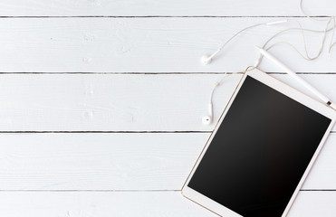 Vintage white Gadget mockup flat lay on old table top wood background texture space concept workspace office blank note, plan on workplace, business blogger idea empty wooden view