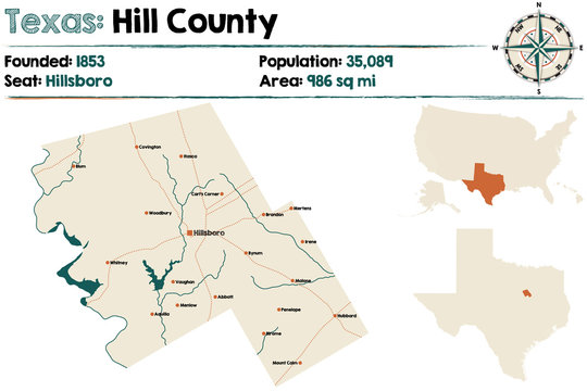 Detailed Map Of Hill County In Texas, USA.