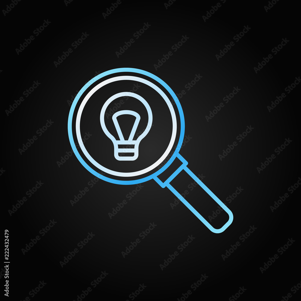 Poster light bulb inside magnifier vector outline icon or sign