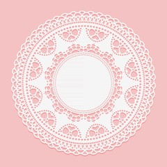 Openwork white doily. Lace frame circle white element on pink background.