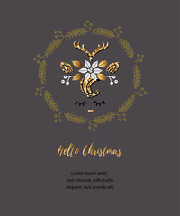 Vector illustration with cute deer. Deer as logo, badge, patch. Template for winter season, invitation, birthday, greetings, party, Merry Christmas motive.
