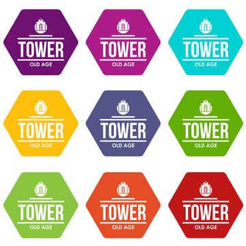 Tower old age icons 9 set coloful isolated on white for web