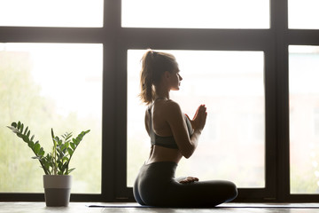Young sporty attractive woman practicing yoga, doing Padmasana exercise, Half Lotus pose with...