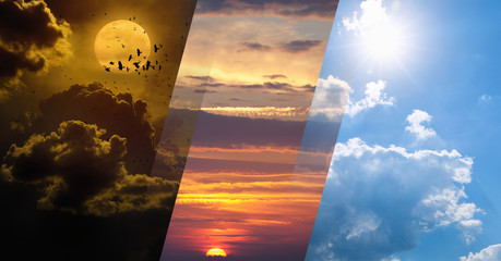 Day and night, light and darkness, sun and moon. Weather forecast collage - obrazy, fototapety, plakaty