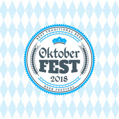 Beer festival Oktoberfest celebrations. Vintage beer badge on the traditional Bavarian linen flag background