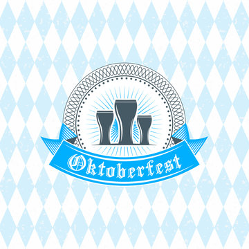 Beer festival Oktoberfest celebrations. Vintage beer badge on the traditional Bavarian linen flag background