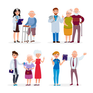 Happy healthy Senior people and doctors having medical check up in nursing home vector flat illustration. Old people and nurses cartoon characters infographic elements isolated on white background.