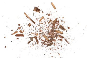 Cinnamon shavings isolated on white background, top view