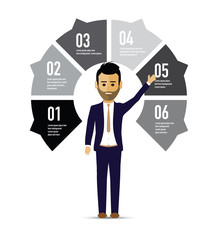 man next to an infographic