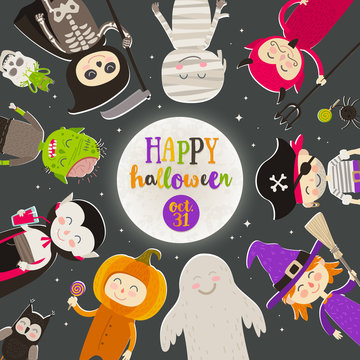 Halloween cartoon characters against a starry night sky. Children in halloween costume stand in a circle against a big moon with greeting. Vector illustration.