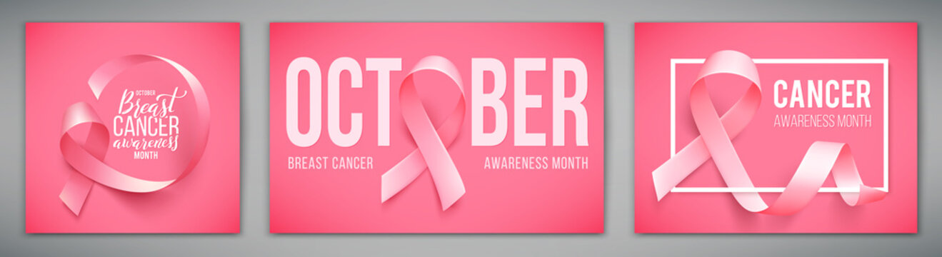 Set of posters with for breast cancer awareness month in october. Realistic pink ribbon symbol. Vector illustration.