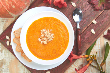 Cream of pumpkin soup. Thanksgiving Day. vegetarian