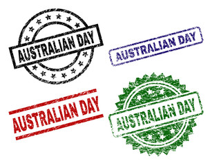 AUSTRALIAN DAY seal prints with damaged surface. Black, green,red,blue vector rubber prints of AUSTRALIAN DAY text with dust surface. Rubber seals with circle, rectangle, medallion shapes.