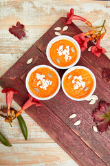 Cream of pumpkin soup or souffle. Thanksgiving Day.