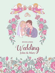 Happy weddings. Vector illustration. Wedding ceremony.  Wedding card, wedding invitation.