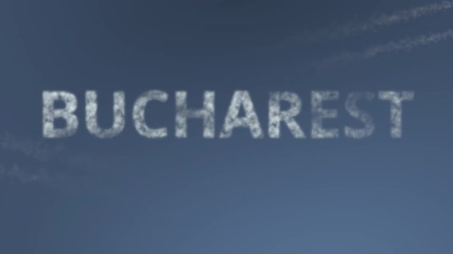 Flying airplanes reveal Bucharest caption. Traveling to Romania conceptual intro animation