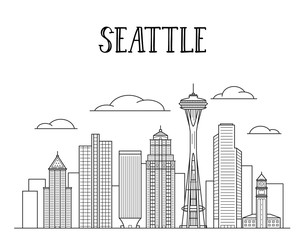 Seattle city skyline line art illustration.