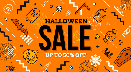 Halloween sale banner. Pattern with Halloween linear signs, symbols  and abstract different shape. Promotion template design.