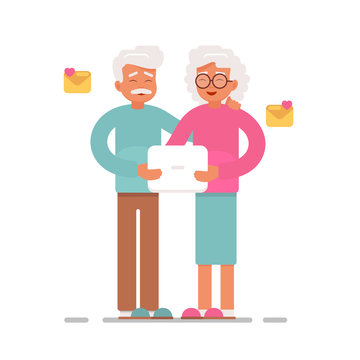 Happy senior couple surfing the internet with laptop computer. grandparents send and receive emails  with pc tablet. vector illustration isolated from white background