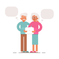 Happy senior couple surfing the internet with laptop computer. grandparents send and receive emails With Chat Bubble with pc tablet. vector illustration isolated from white background