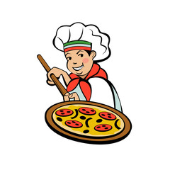 Italian chef. Pizza maker prepares a pizza. Vector logo.