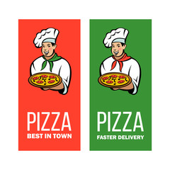 Italian chef. Pizza maker prepares a pizza. Vector logo.
