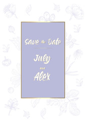 wedding party invitation and Save The Date card templates with Lily of the valley flowers hand drawn with black contour lines on white background. Beautiful floral vector illustration.