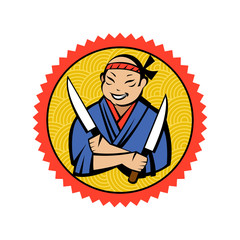 Japanese chef with two knives. Vector logo.