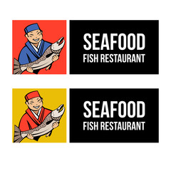 A Japanese chef has fresh fish. Vector logo of fish restaurant.