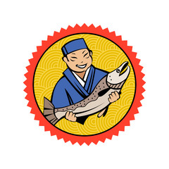 A Japanese chef has fresh fish. Vector logo of fish restaurant.