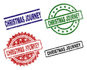 CHRISTMAS JOURNEY seal prints with corroded surface. Black, green,red,blue vector rubber prints of CHRISTMAS JOURNEY tag with corroded surface. Rubber seals with round, rectangle, rosette shapes.