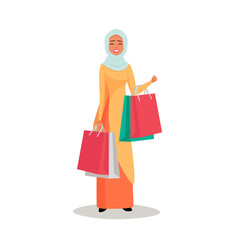 Cartoon Arab woman character with hijab. Smiling girl in hijab presenting shopping bags. Young Moslem lady shopping wearing scarf. Vector illustration isolated from white