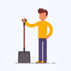 Cartoon Male vector character with a garden tool. Cleaner boy is holding a shovel.Farmer in working  clothes with a shovel in hand. farming, gardening, agriculture and people concept