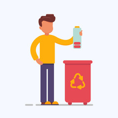 the employee is engaged in the processing of battery. Vector creative illustration of the protection of the environment. The boy is throwing battery in a dumpster