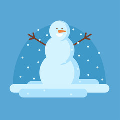 Happy Snowman with open arms. Merry Christmas scene with cartoon snowman standing under snowfall. Concept vector illustration.