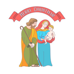 Merry Christmas. Vector greeting card. Virgin Mary, baby Jesus and Saint Joseph the betrothed.