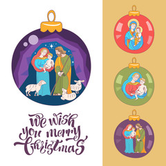 Merry Christmas. Vector greeting card. Virgin Mary, baby Jesus and Saint Joseph the betrothed.