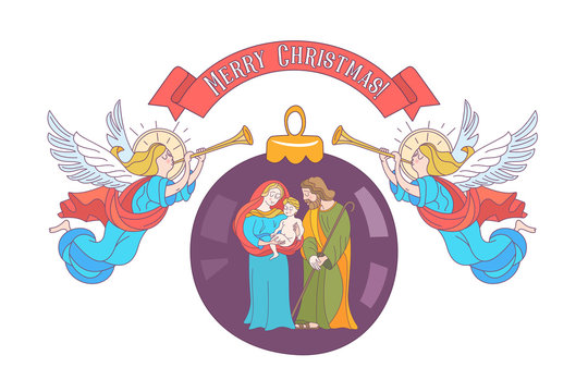 Merry Christmas. Vector greeting card. Virgin Mary, baby Jesus and Saint Joseph the betrothed.