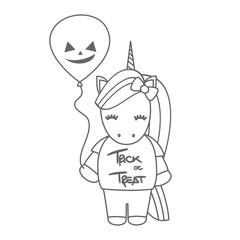 cute cartoon black and white halloween vector illustration with unicorn and pumpkin balloon 