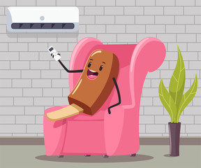 Funny ice cream with remote control of the air conditioner sits on the couch in the interior of the room. Vector cartoon concept illustration.