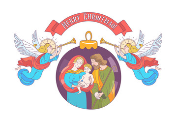 Merry Christmas. Vector greeting card. Virgin Mary, baby Jesus and Saint Joseph the betrothed.