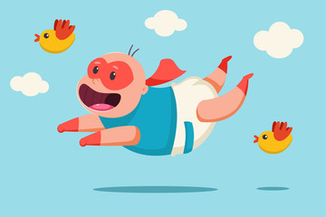 Cute baby in a superhero costume. Vector cartoon character of a child in a mask, a cape and a diaper flies against the sky with clouds and birds.