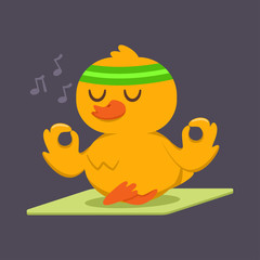 Cute baby duck doing yoga exercise. Funny vector cartoon bird character in lotus pose isolated on a background. Sport and fitness concept illustration.
