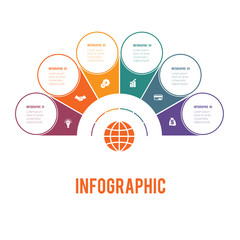 Colorful semicircle and circles.  Elements of Infographics Conceptual Cyclic Processes for 6 Positions Possible to Use for Workflow, Banner, Diagram, Web design, Timeline, Area chart,Number options.