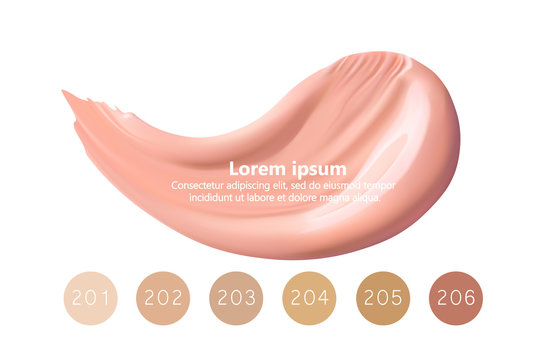 Cosmetic liquid foundation or caramel cream set in different colour smudge smear strokes. Make up smears isolated on white background.