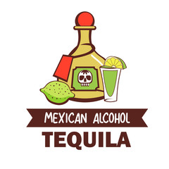 Tequila and lemon. Traditional Mexican alcoholic drink. Vector illustration.
