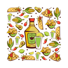 Mexican cuisine. A set of popular Mexican dishes. Fast food. Vector illustration.