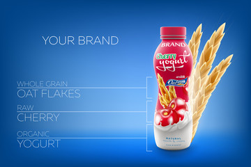Vector ads of natural drinking yogurt with oats and raw cherry bottle branding ready commercial infographic flyer realistic illustration