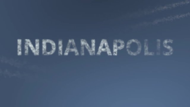 Flying airplanes reveal Indianapolis caption. Traveling to the United States conceptual intro animation