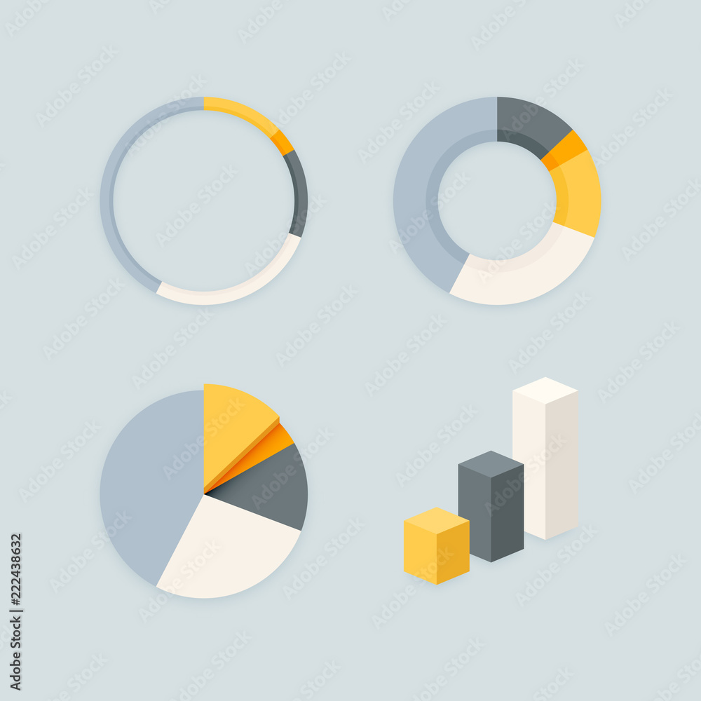 Poster stylish grey infographics stats chart diagram vector set. ring, pie, donut and column graph blank in